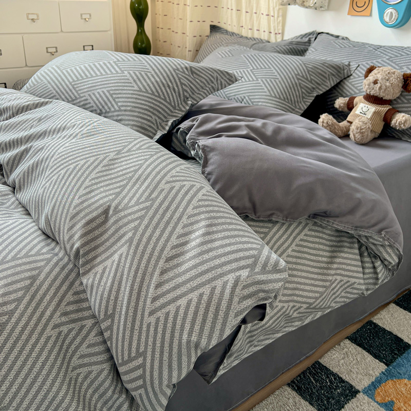 Linen Duvet Cover - 4-częściowy szary geometryczny zestaw pościeli, nowoczesny
