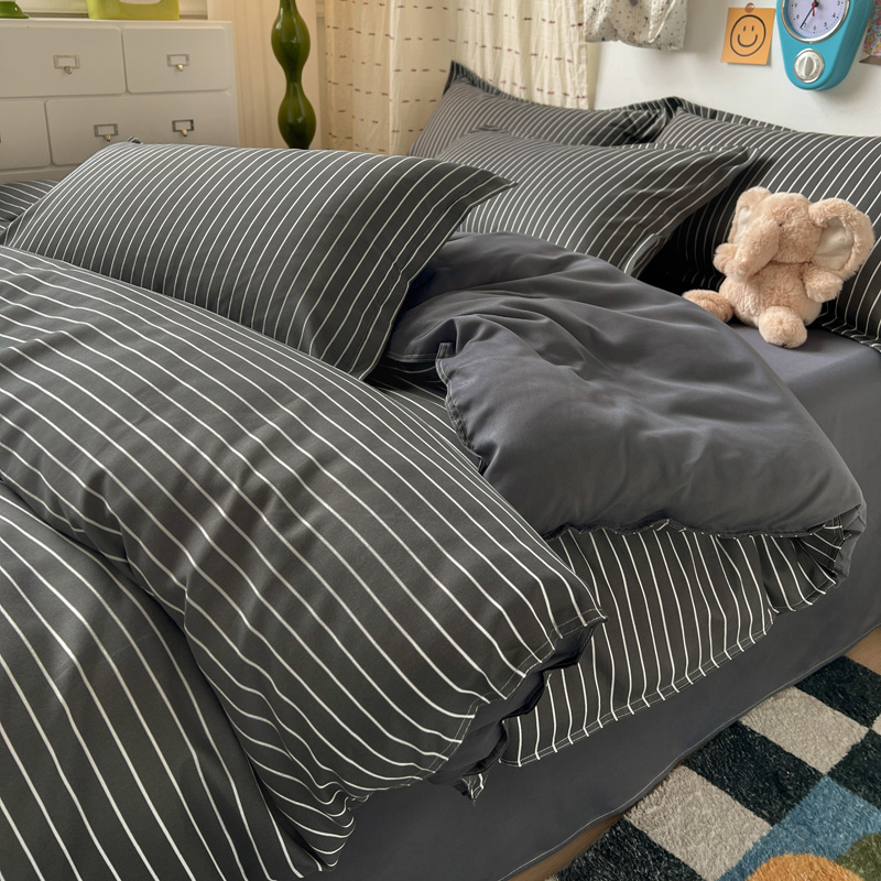 Linen Duvet Cover - 4-częściowy szary zestaw pościeli w paski,